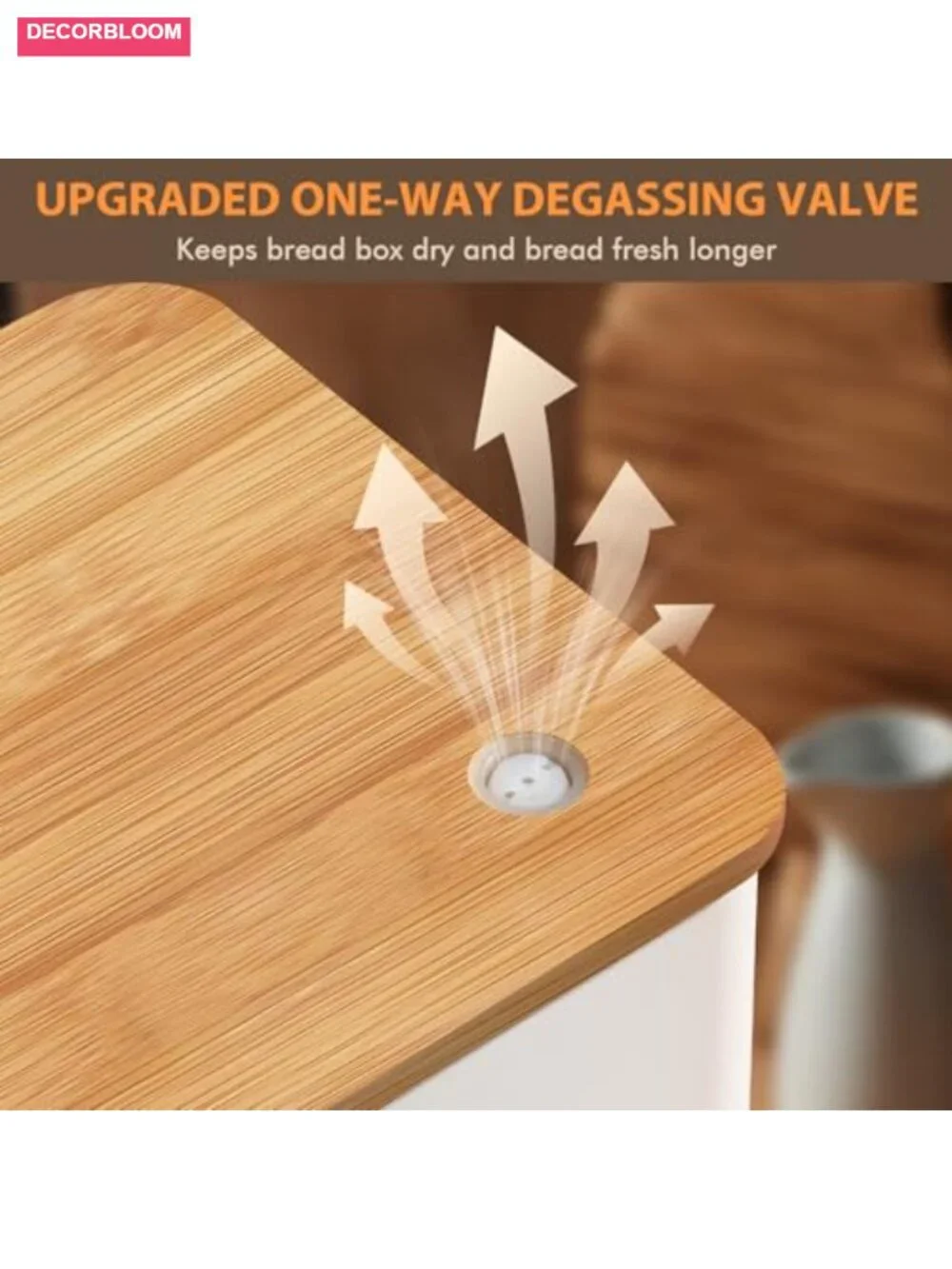 White Metal Bread Box with Bamboo Lid and One-Way Degassing Valve for Kitchen